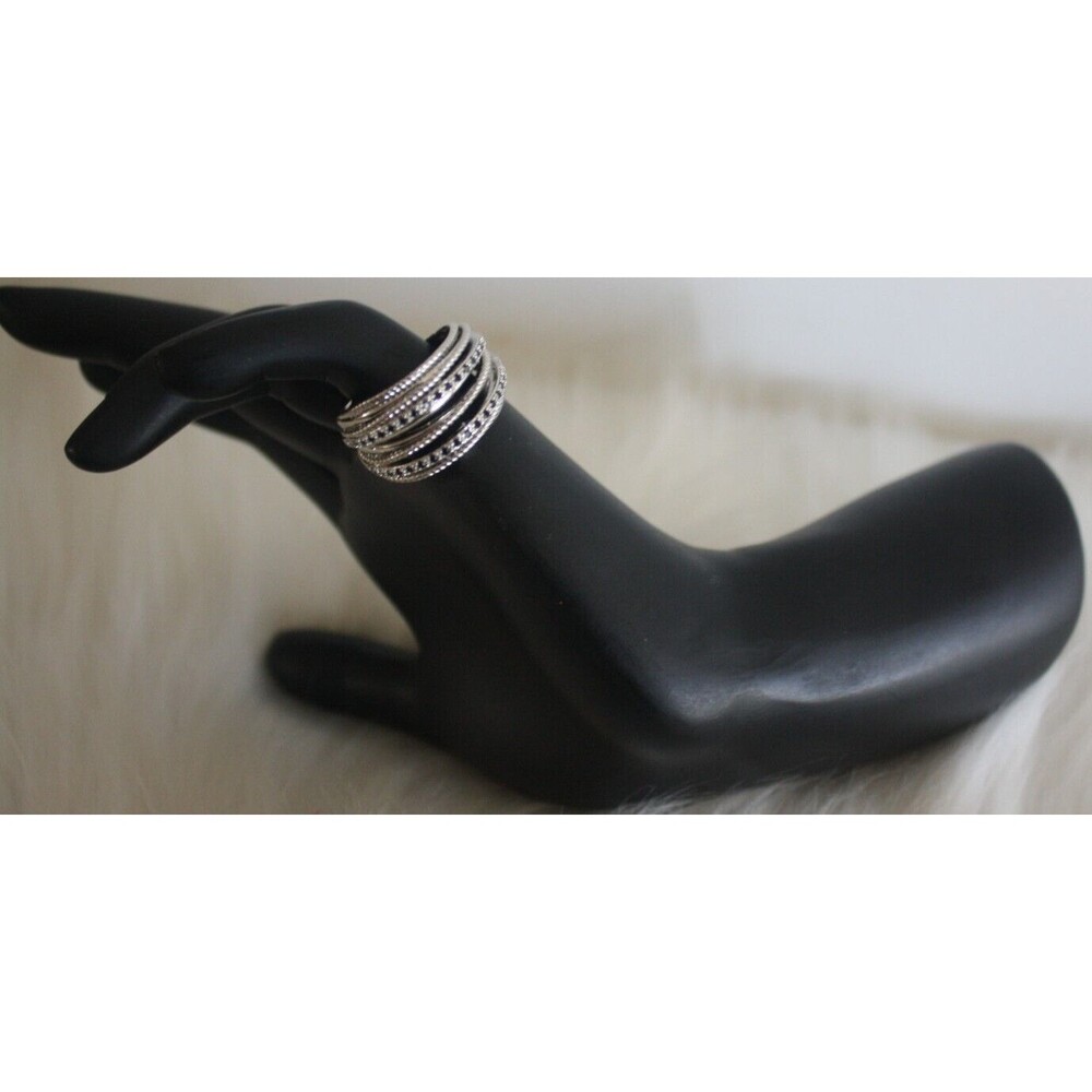 Multi-Band Rhinestone Fashion Ring Sz 7  Silver Jewelry Gift Boho Black Stone